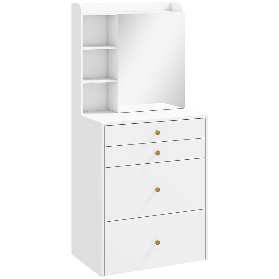 HOMCOM Dressing Table with Mirror and Mobile Storage Stool, Compact Vanity Table with Cabinet, Drawers, Open Shelves, White