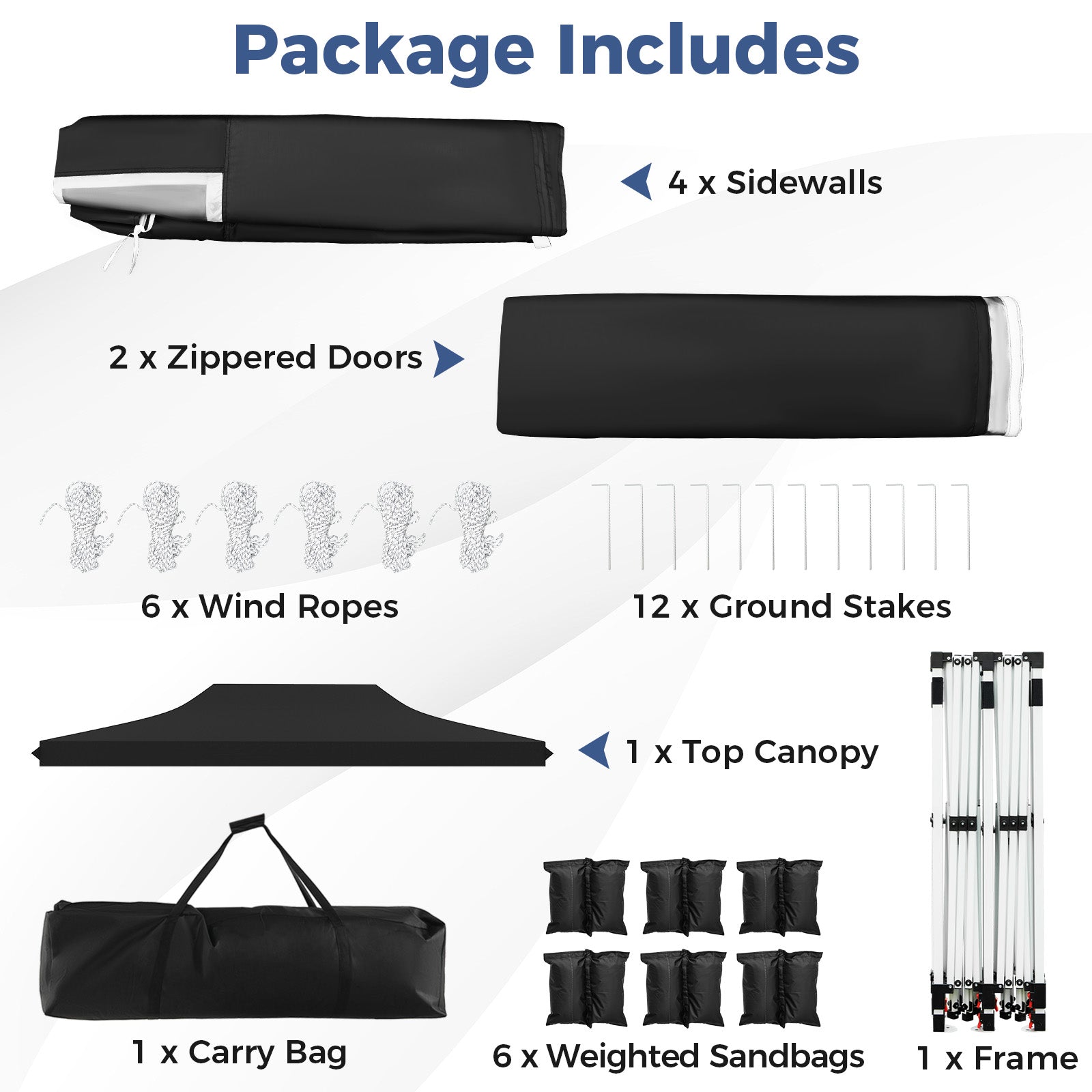 Pop-up Canopy Tent with 6 Detachable Sidewalls and Carrying Bag-Black