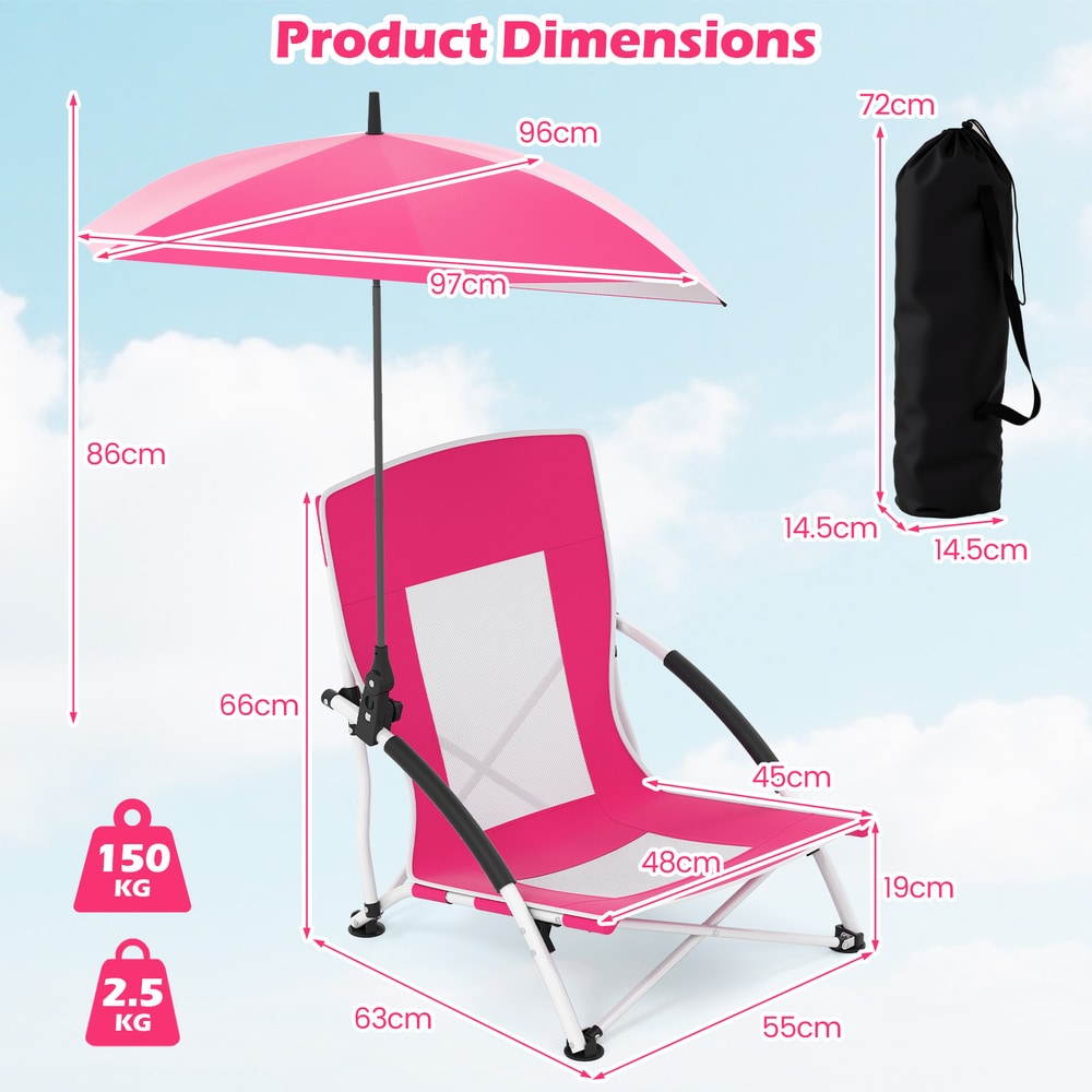 Product dimensions diagram for the pink beach chair with parasol, showing height and width measurements