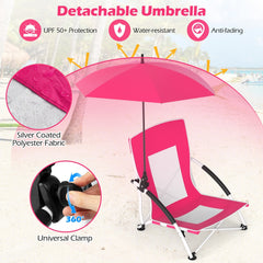 Close up of the pink beach chair with parasol, showing the universal clamp and fabric