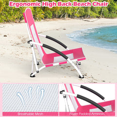 Ergonomic high back beach chair in pink with breathable mesh and foam padded armrests