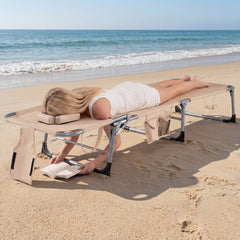 Portable Chaise Lounge Chair with 4-Position Adjustable Backrest and Face Arm Holes-Beige