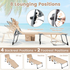 Portable Chaise Lounge Chair with 4-Position Adjustable Backrest and Face Arm Holes-Beige