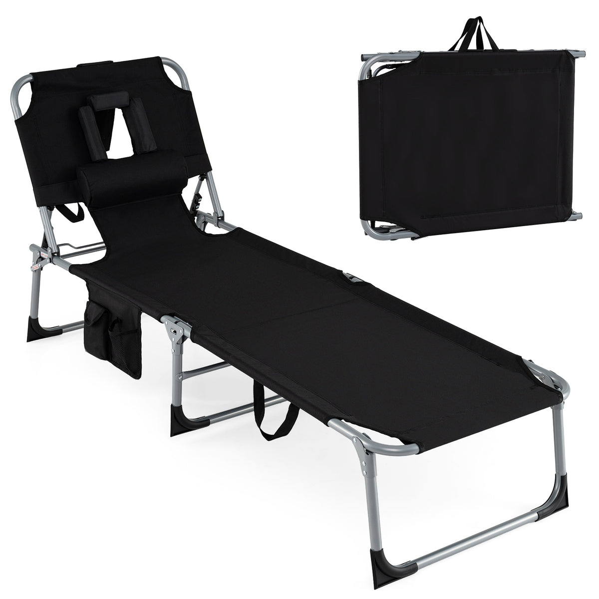 Portable Chaise Lounge Chair with 4-Position Adjustable Backrest and Face Arm Holes-Black