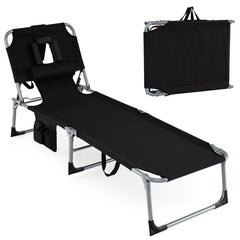 Portable Chaise Lounge Chair with 4-Position Adjustable Backrest and Face Arm Holes-Black