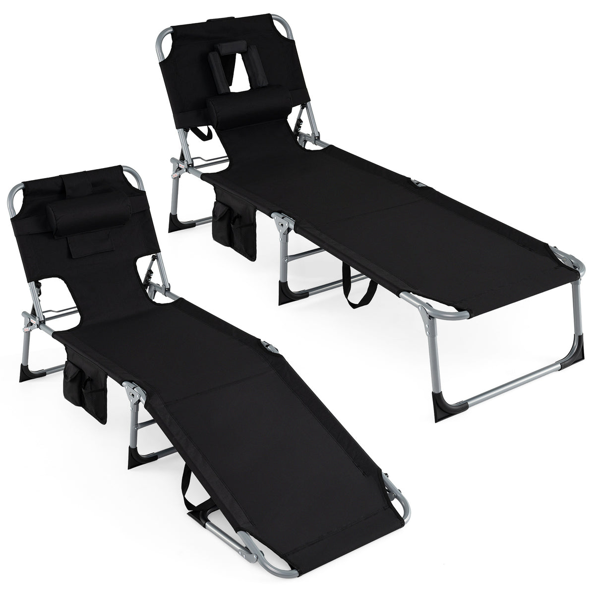 Portable Chaise Lounge Chair with 4-Position Adjustable Backrest and Face Arm Holes-Black