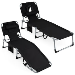 Portable Chaise Lounge Chair with 4-Position Adjustable Backrest and Face Arm Holes-Black