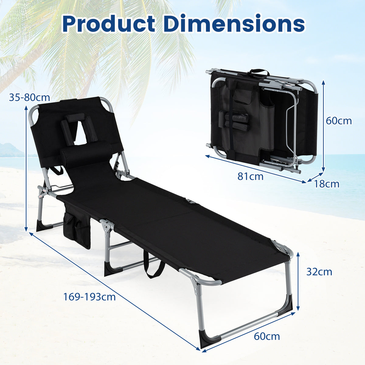 Portable Chaise Lounge Chair with 4-Position Adjustable Backrest and Face Arm Holes-Black