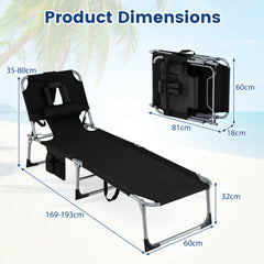 Portable Chaise Lounge Chair with 4-Position Adjustable Backrest and Face Arm Holes-Black