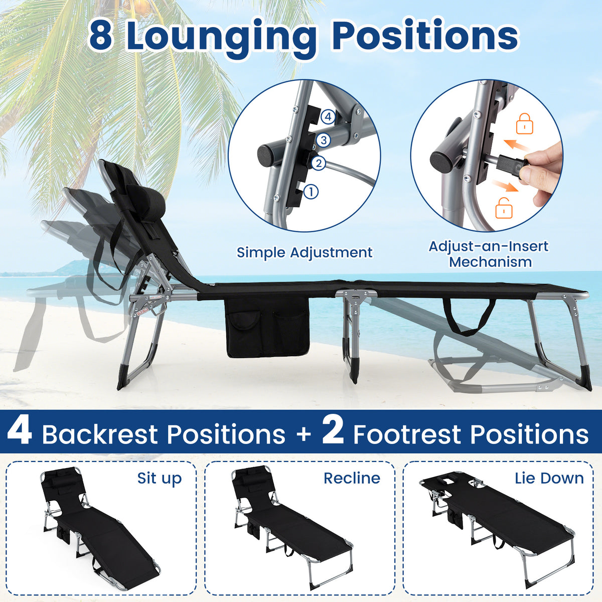 Portable Chaise Lounge Chair with 4-Position Adjustable Backrest and Face Arm Holes-Black