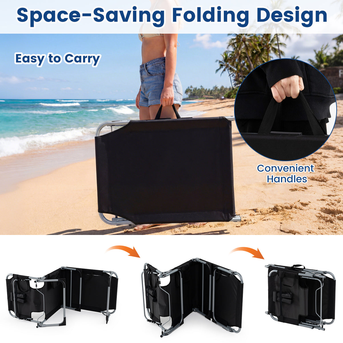 Portable Chaise Lounge Chair with 4-Position Adjustable Backrest and Face Arm Holes-Black