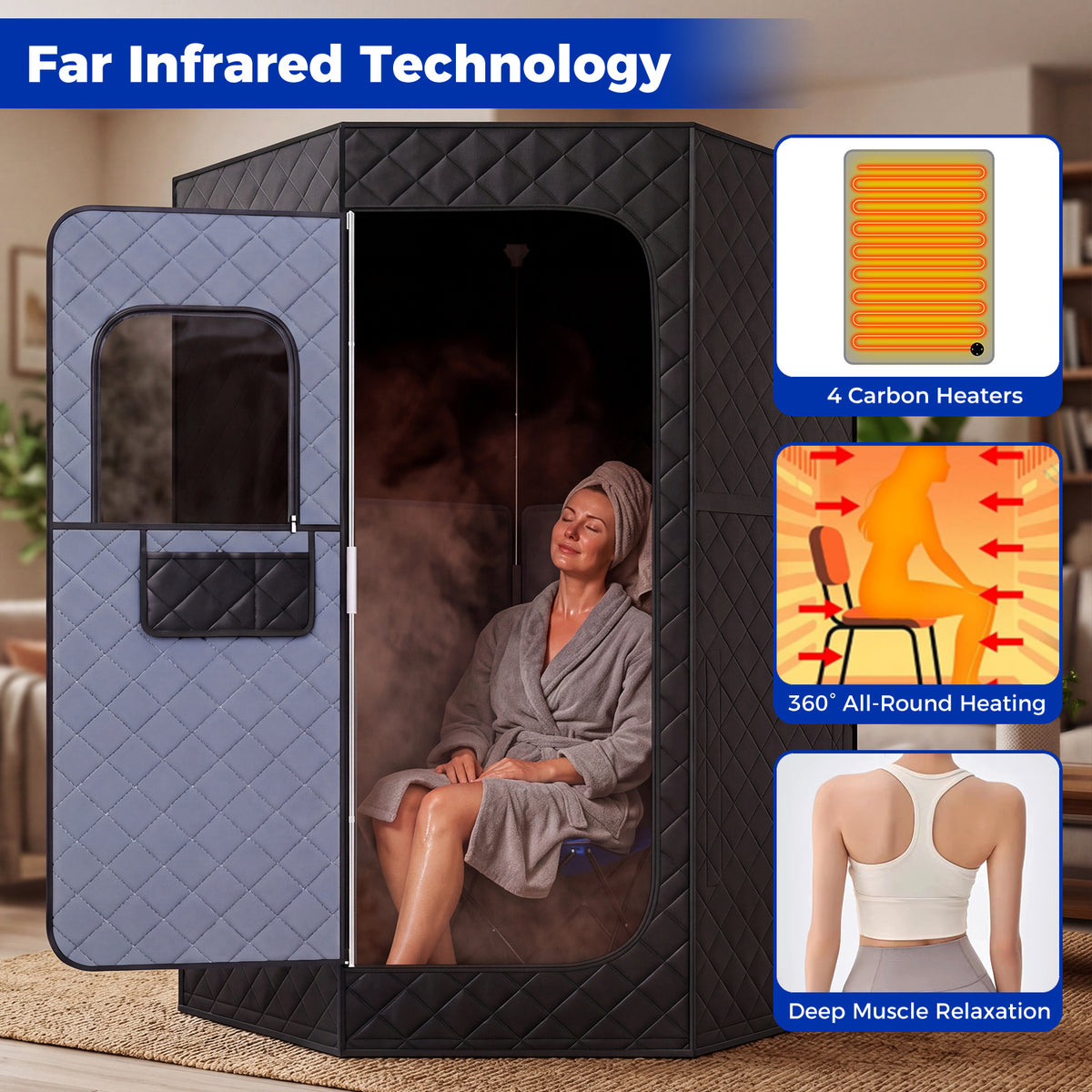 Portable Far Infrared Sauna Box with Heated Foot Pad and Remote Control-Black