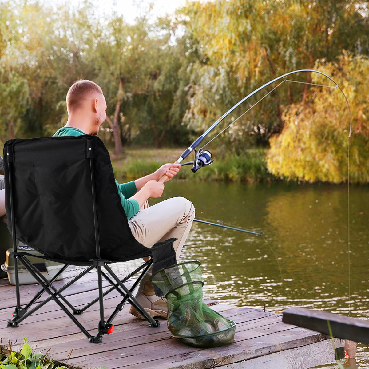Portable Folding Camping Chair with 2-Level Adjustable Backrest and Side Pocket-Black