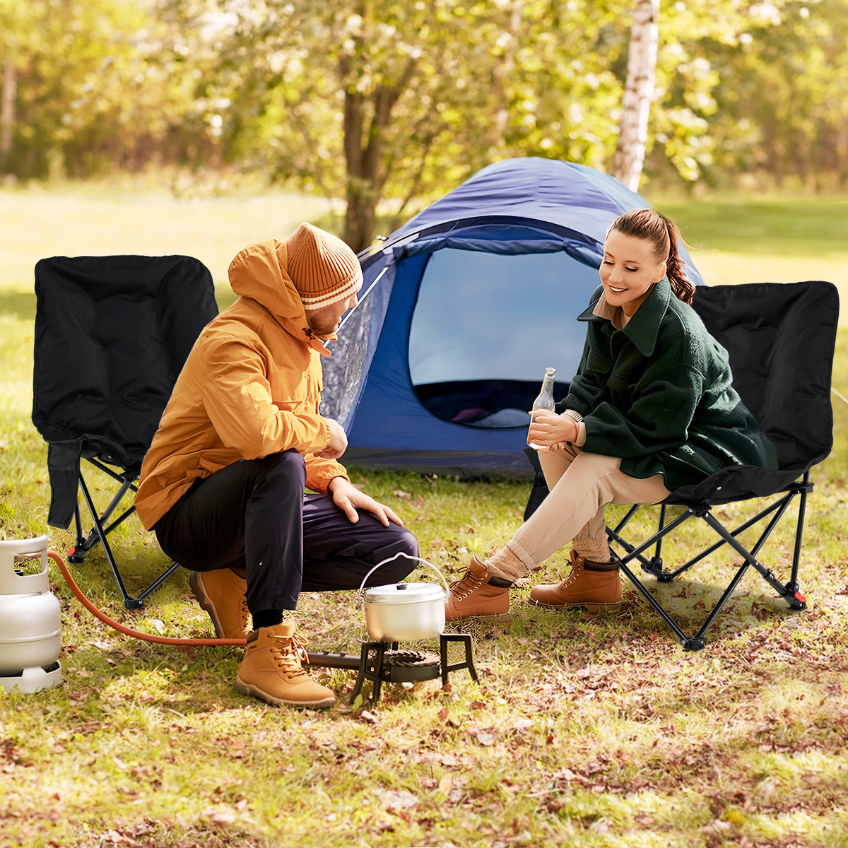 Portable Folding Camping Chair with 2-Level Adjustable Backrest and Side Pocket-Black