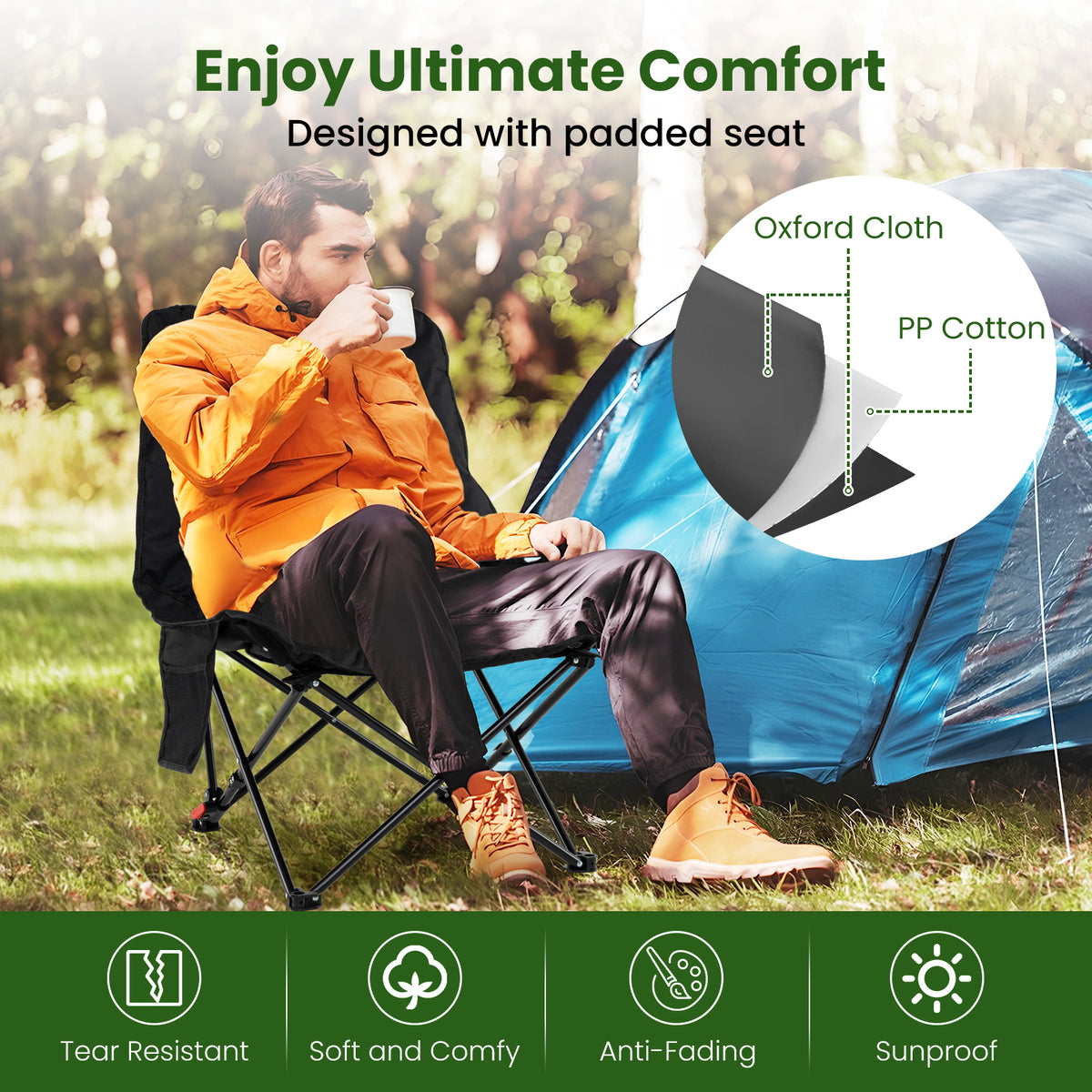 Portable Folding Camping Chair with 2-Level Adjustable Backrest and Side Pocket-Black