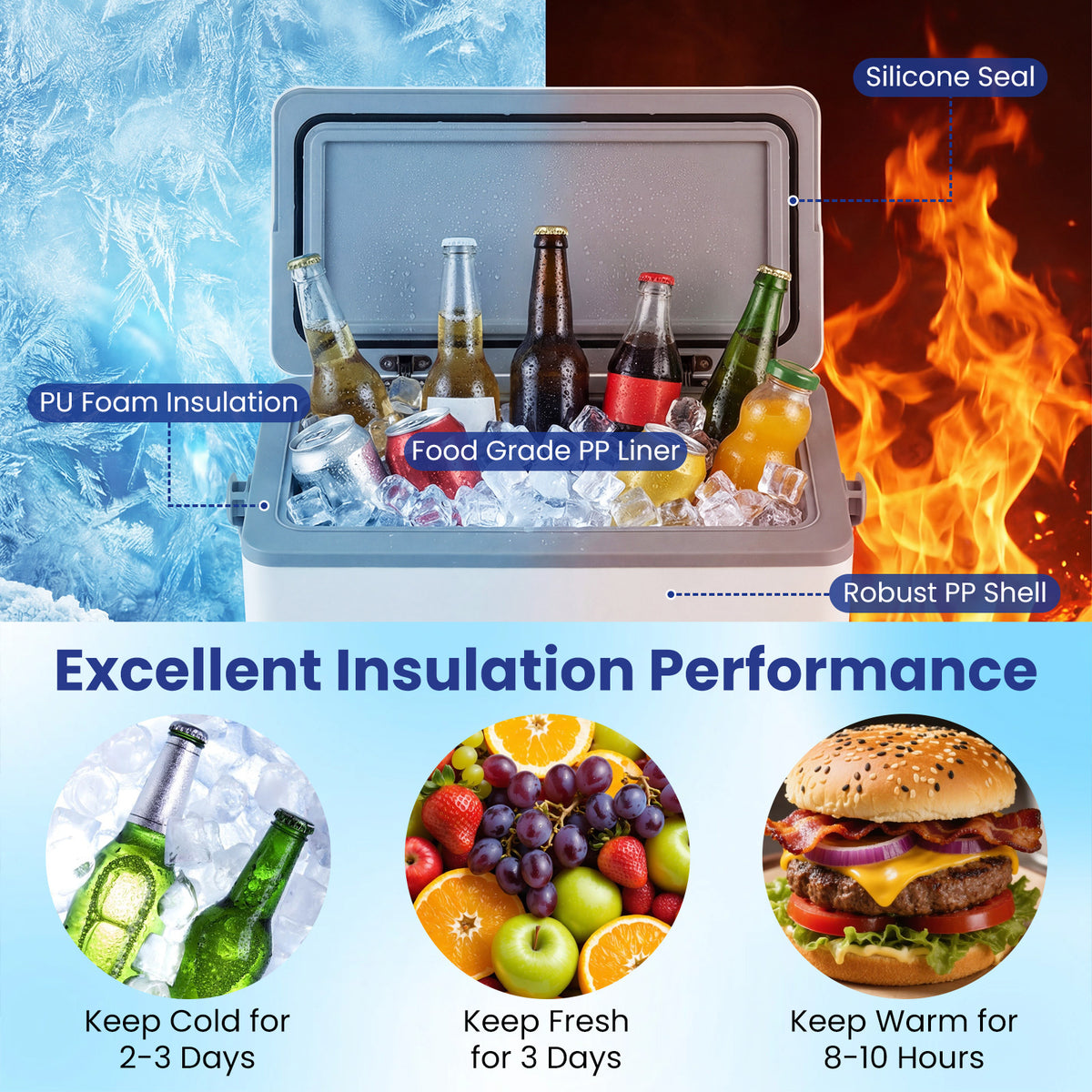 Portable Hard Cooler 12 L Injection Molded Insulated Ice Chest with Easy-Grip Handle-White