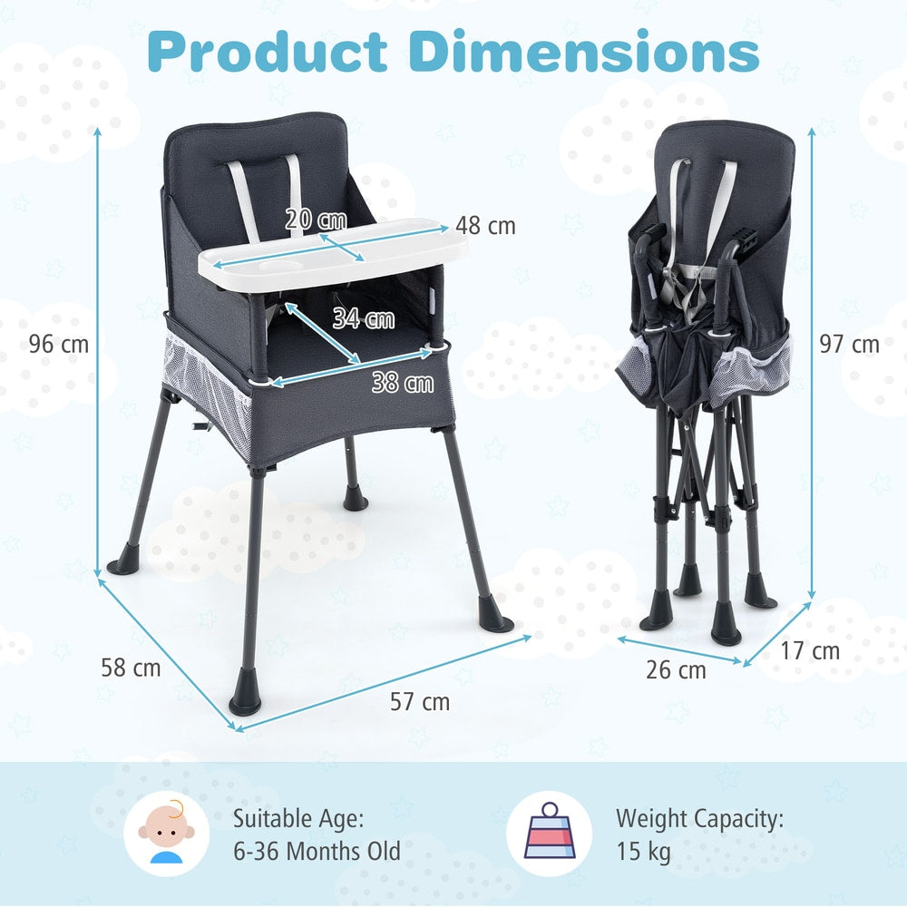 The feeding chair showing height and width dimensions for both open and folded states