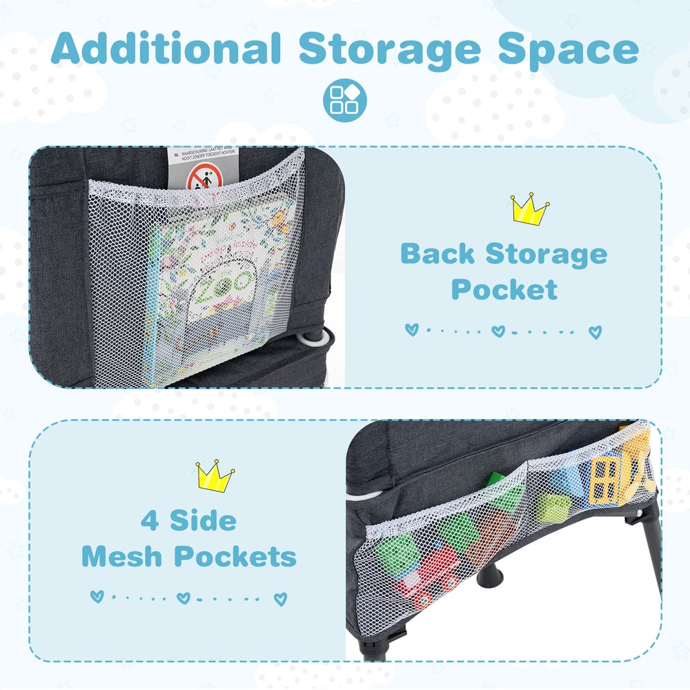 The feeding chair showing the back storage pocket and four side mesh pockets