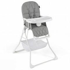 The grey portable high chair is shown from the front with the tray attached