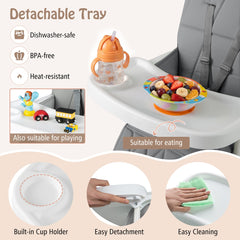 Features of the grey portable high chair including detachable tray and cup holder