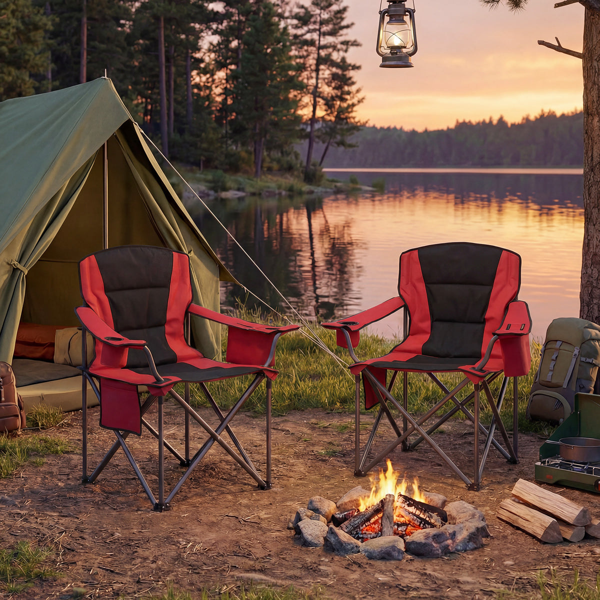 Portable Oversized Camping Chair with Zippered Cooler Pouch and Cup Holder-Red