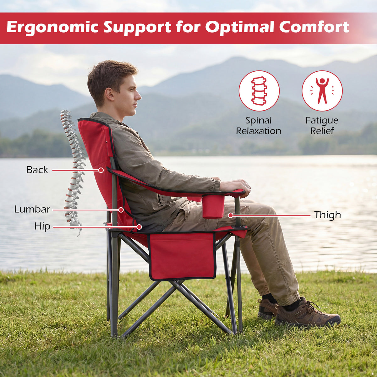 Portable Oversized Camping Chair with Zippered Cooler Pouch and Cup Holder-Red