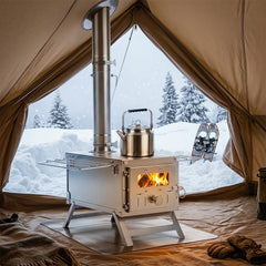 Portable Wood Burning Stove with 7 Chimney Pipes and Spark Arrestor-Silver