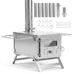Portable Wood Burning Stove with 7 Chimney Pipes and Spark Arrestor-Silver