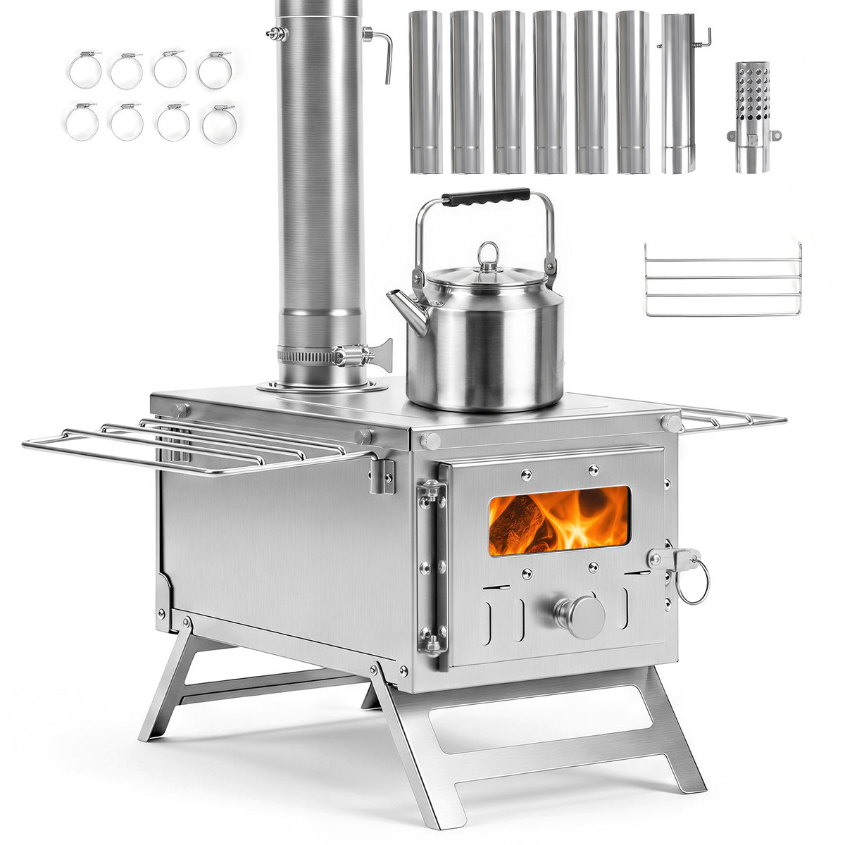 Portable Wood Burning Stove with 7 Chimney Pipes and Spark Arrestor-Silver