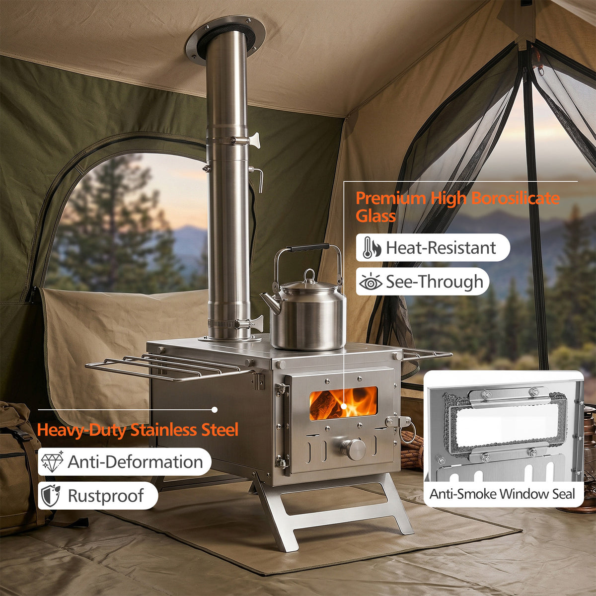 Portable Wood Burning Stove with 7 Chimney Pipes and Spark Arrestor-Silver