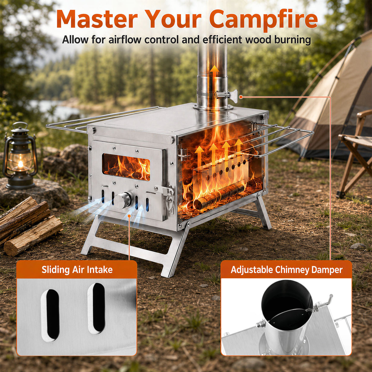 Portable Wood Burning Stove with 7 Chimney Pipes and Spark Arrestor-Silver