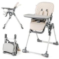 Portable Adjustable Highchair, this beige high chair is shown in a folded position next to its upright form