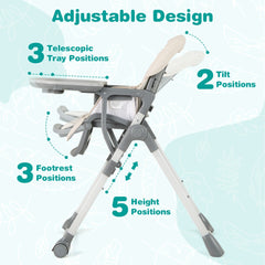 Adjustable design features of the beige high chair including tray, footrest, tilt and height