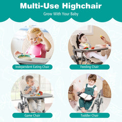 Portable Adjustable Highchair, the beige high chair is shown in four different modes: eating, feeding, game, and toddler