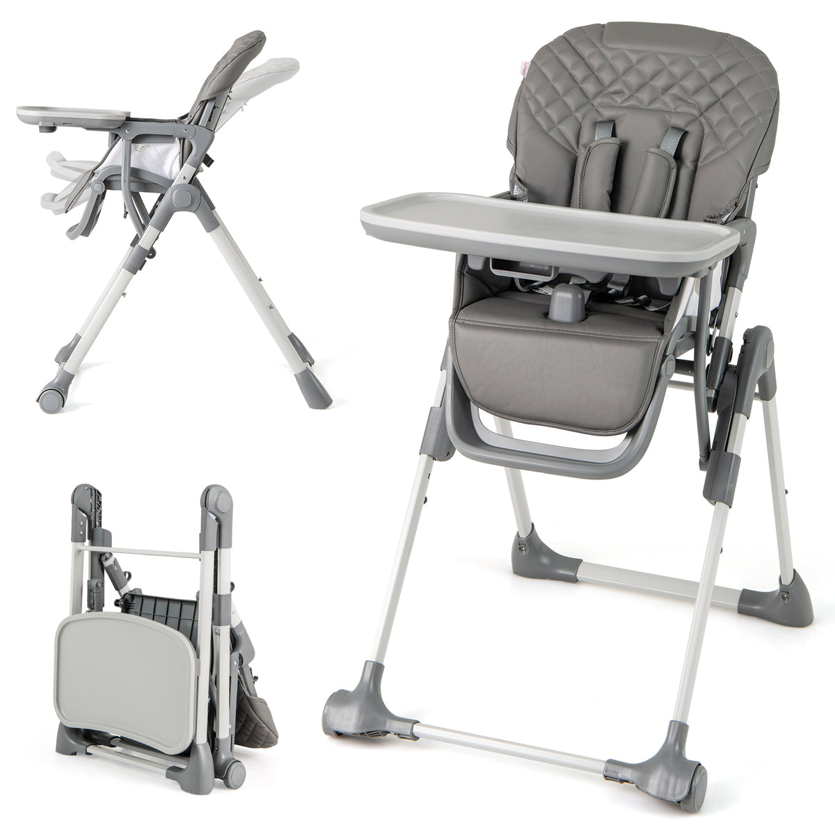 The grey baby high chair shown in upright and folded positions