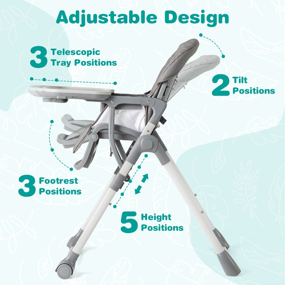 The high chair showing adjustable tray, tilt, footrest and height settings