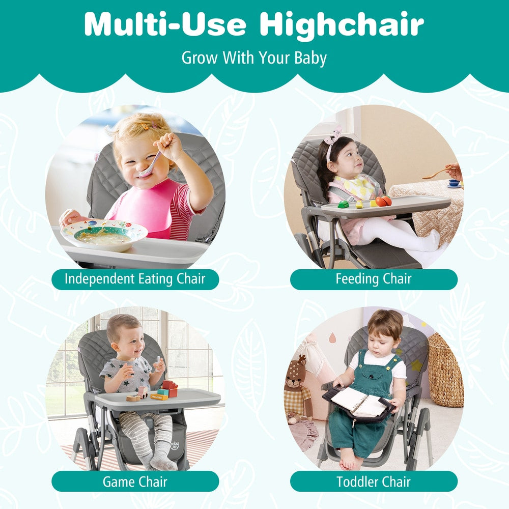The grey baby high chair shown in four different daily activity modes
