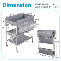 The changing table showing dimensions for the open and folded positions with arrows