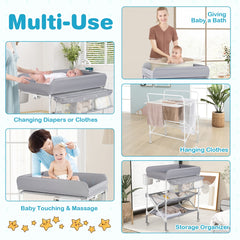 The changing table shown in various uses including bathing and storing baby clothes