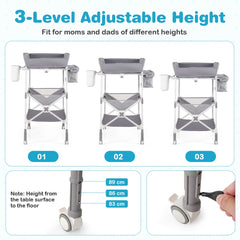 The changing table showing three height levels with close-ups of the adjustable legs