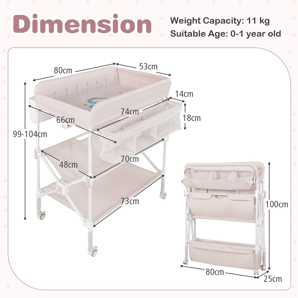 A diagram showing the dimensions of the light pink changing table and its folded size
