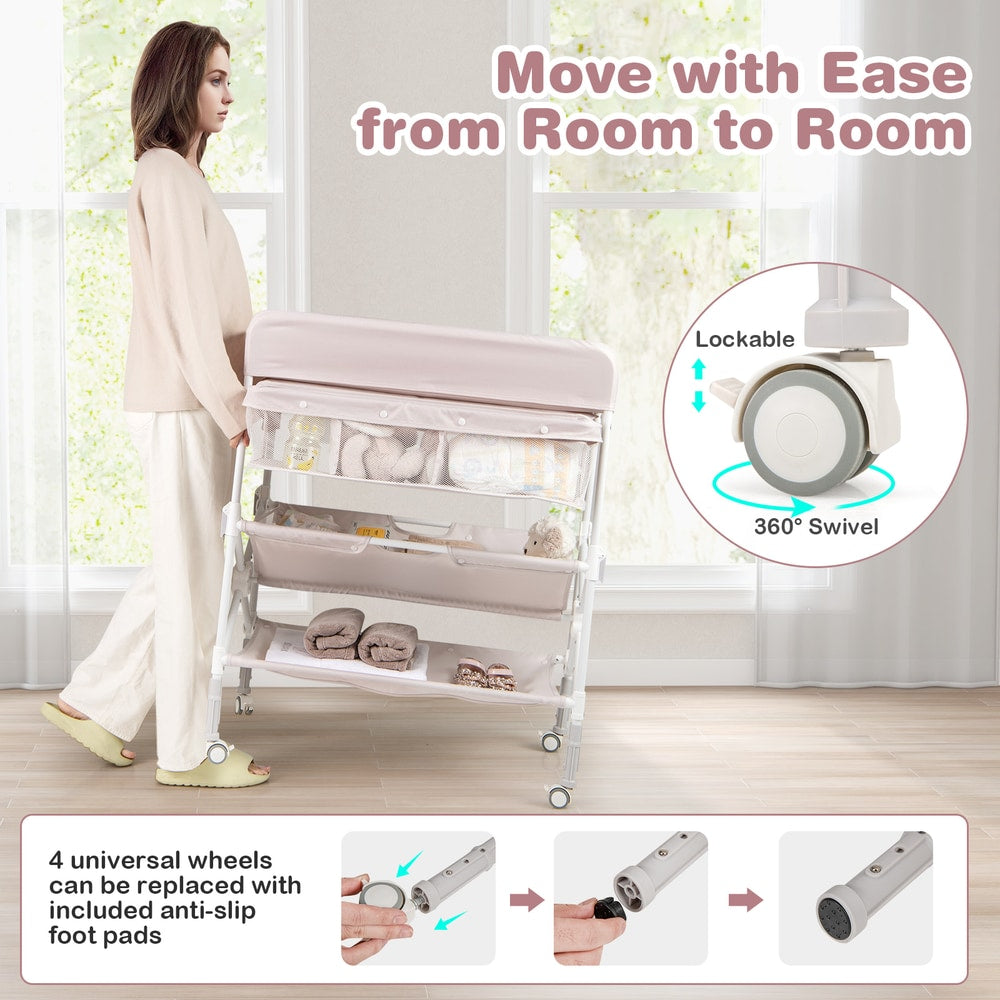 The changing table being moved, highlighting its wheels and adjustable height feature