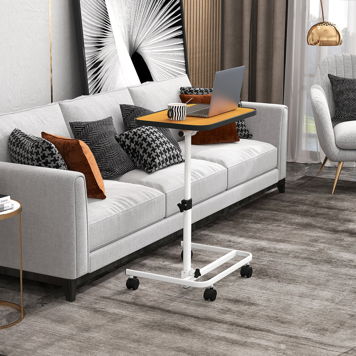 Portable Bedside Table with 9 Level Adjustable Height-Natural