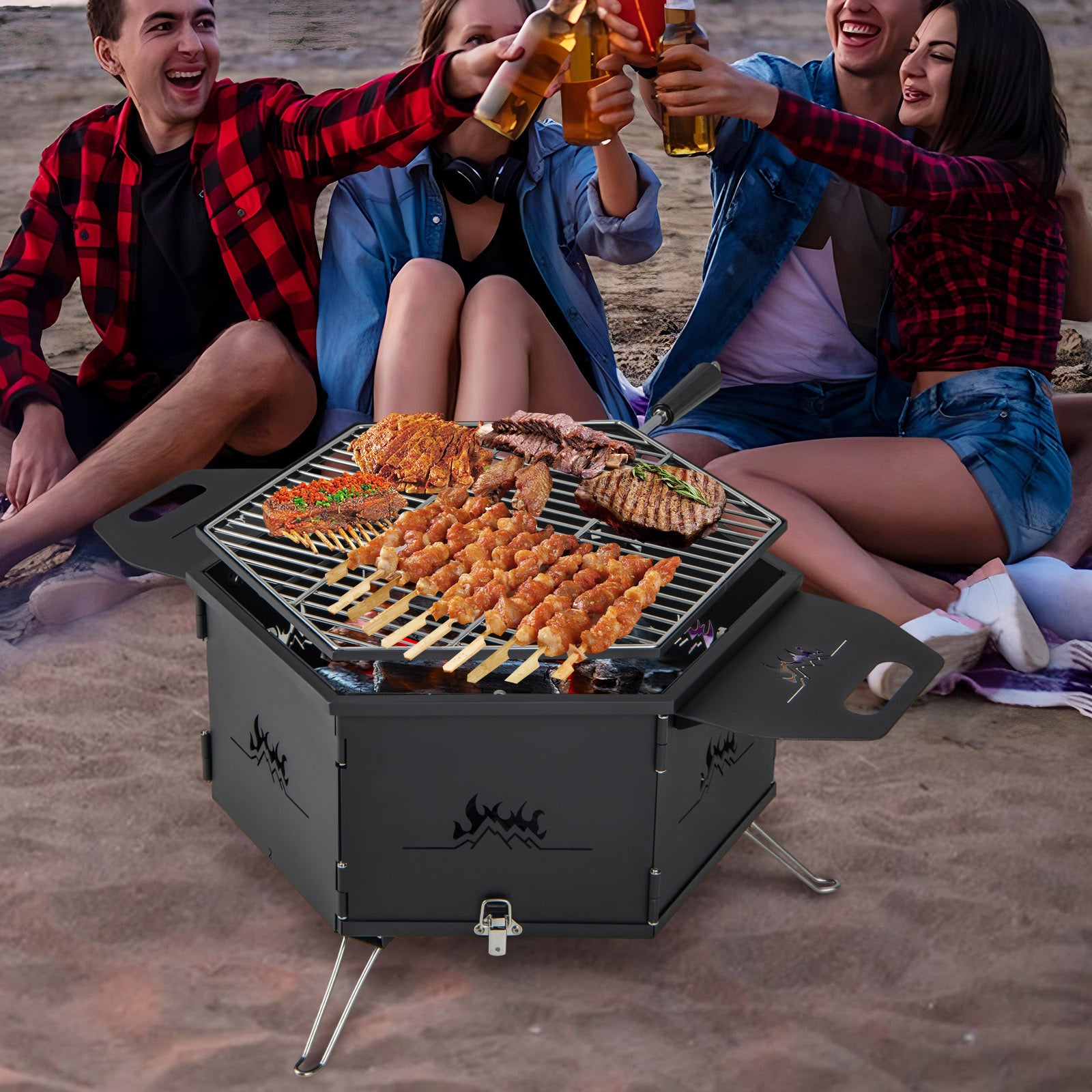 Portable Charcoal Grill Stove with Rotatable Grill and Foldable Body
