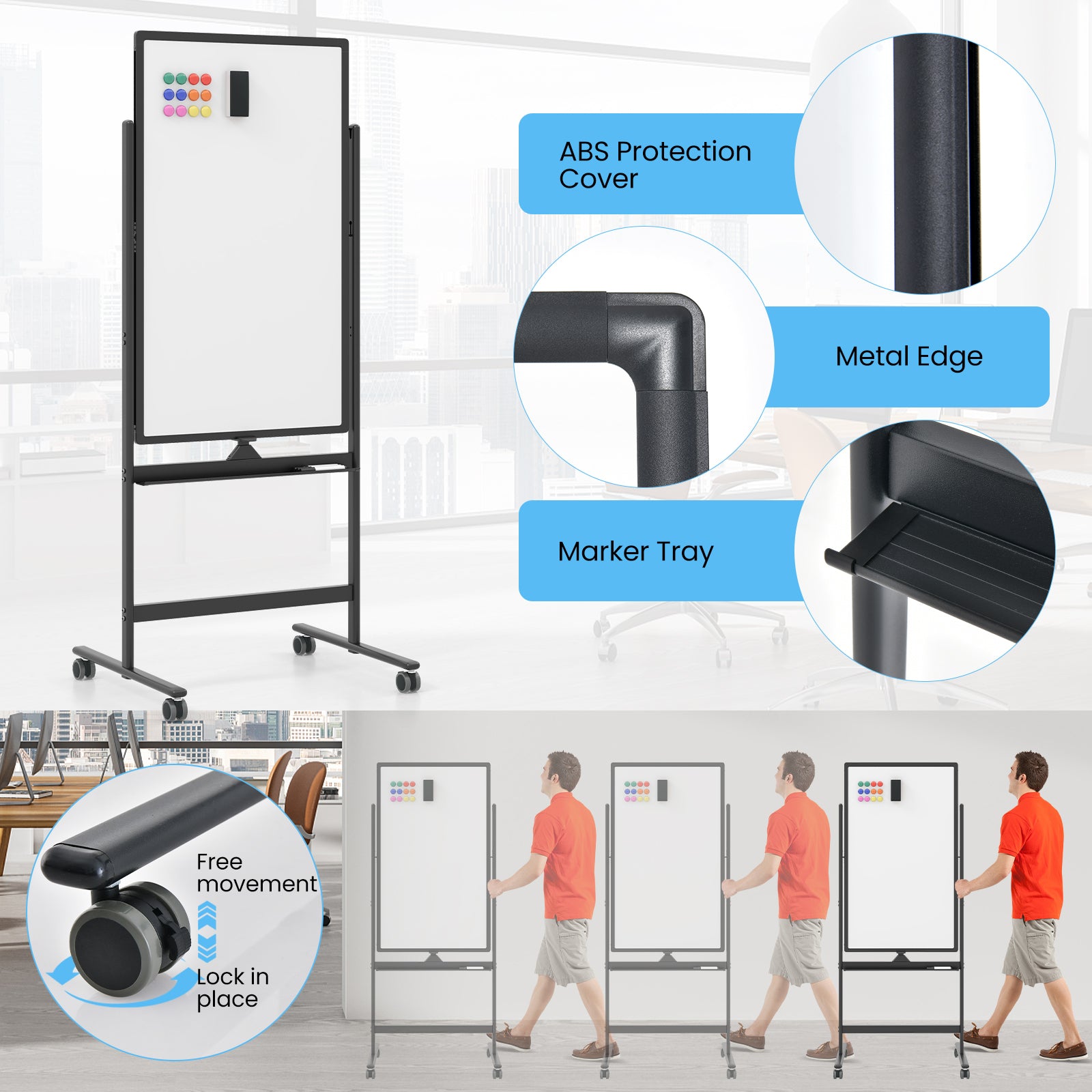 Reversible Rolling White Board with Black Markers and Board Eraser-Black-M