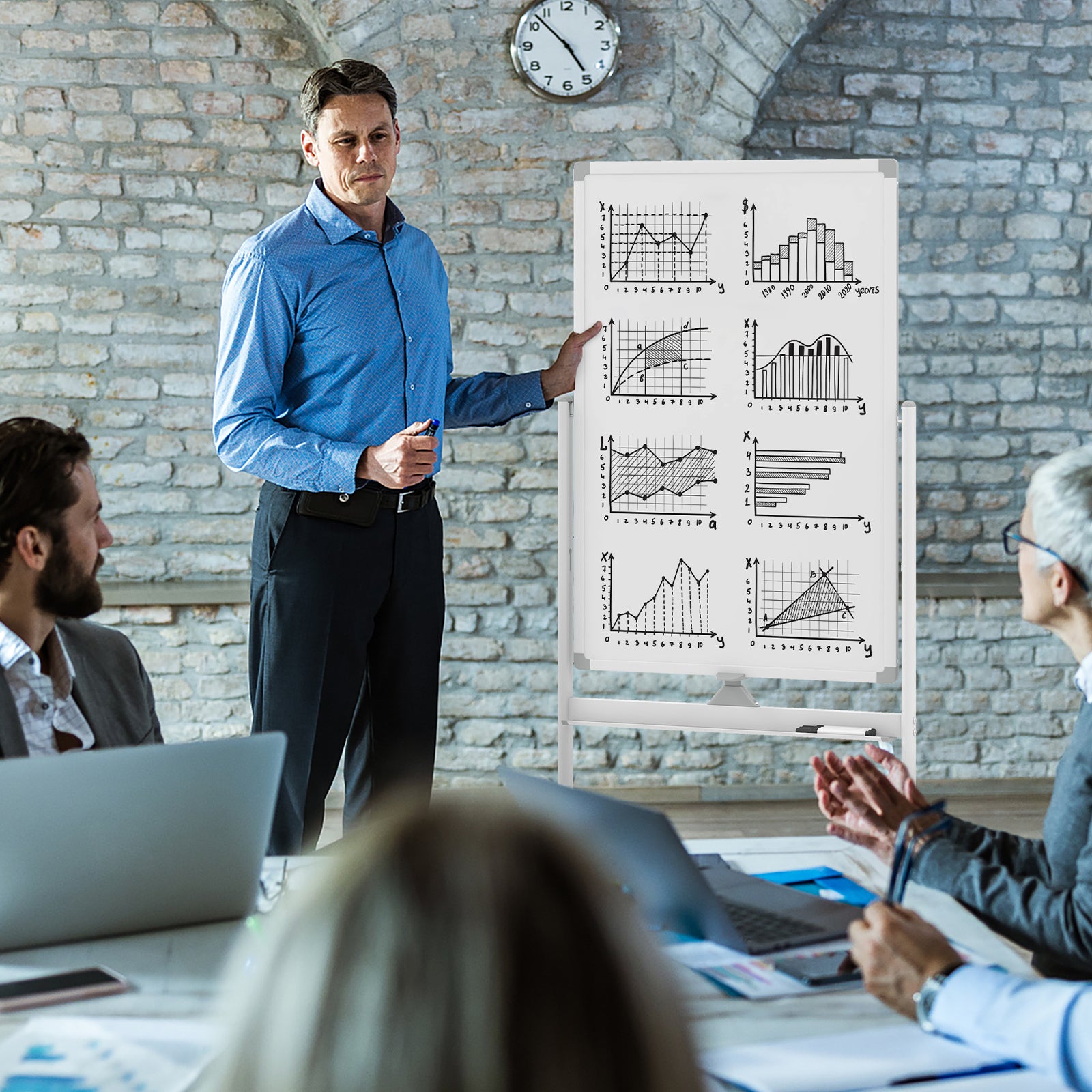 Reversible Rolling White Board with Black Markers and Board Eraser-White-S