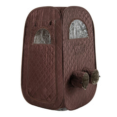 The brown quilted steam sauna tent standing upright with two front openings