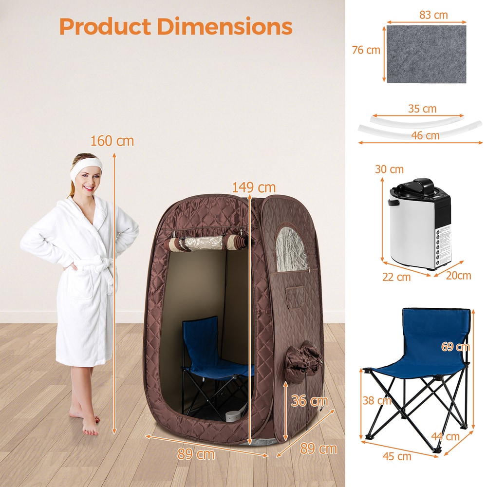 The portable steam sauna tent with a woman and dimensions shown for the tent, chair and generator