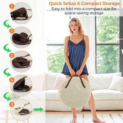 A woman holding the folded steam sauna tent in its storage bag