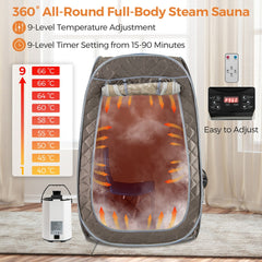 The steam sauna tent showing temperature settings and timer